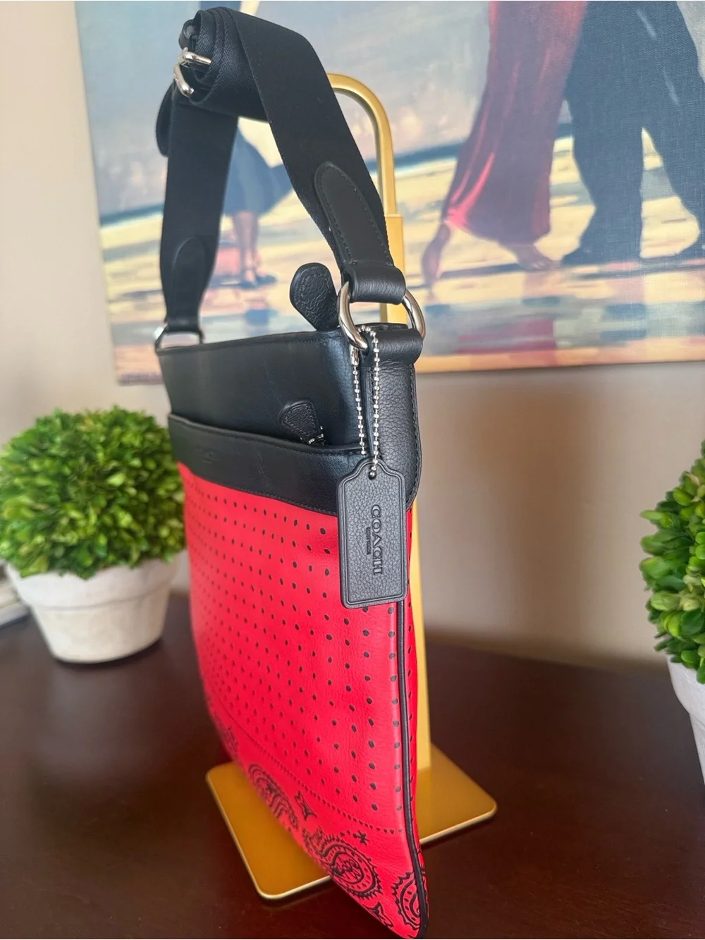 COACH F55961🖤❤️CHARLES❤️🖤RED/BLACK BANDANA LEATHER UNISEX CROSSBODY BAG🌟NWT🌟